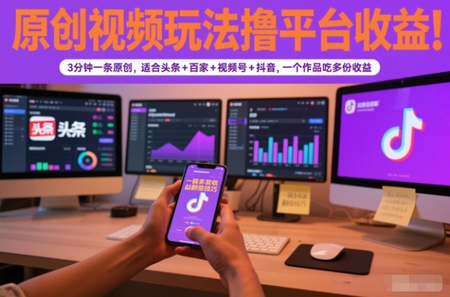 原创视频玩法撸平台收益，3分钟一条原创，适合头条+百家+视频号+抖音，一个作品吃多份收益-八百库