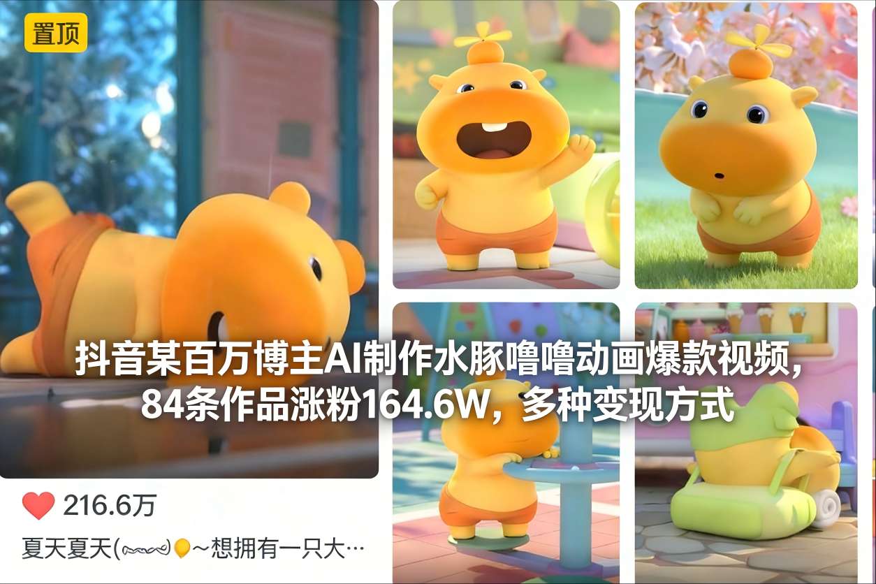 抖音某百万博主AI制作水豚噜噜动画爆款视频，84条作品涨粉164.6W，多种变现方式-八百库