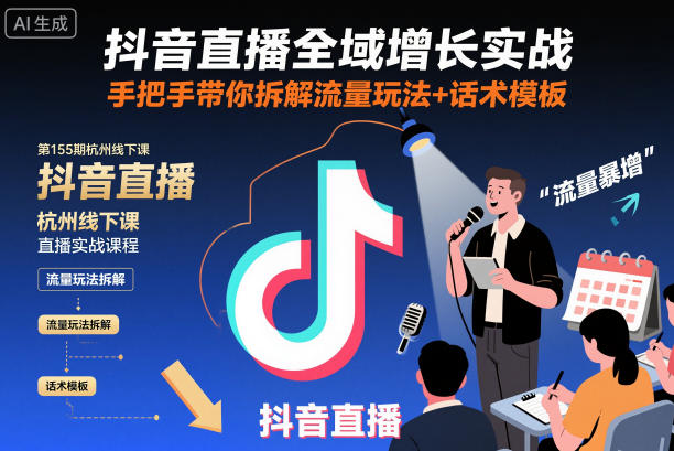 抖音直播全域增长实战第155期杭州线下课,手把手带你拆解流量玩法+话术模板-八百库