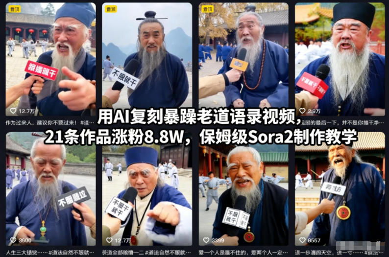 用AI复刻暴躁老道语录视频,21条作品涨粉8.8W,保姆级Sora2制作教学-八百库