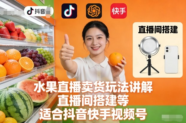 水果直播卖货玩法讲解、直播间搭建等，适合抖音快手视频号-八百库