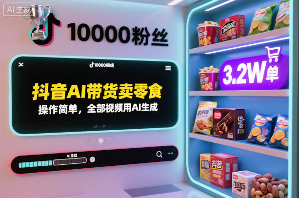 抖音AI带货卖零食，操作简单，全部视频用AI生成，一万粉丝，卖了3.2W单-八百库