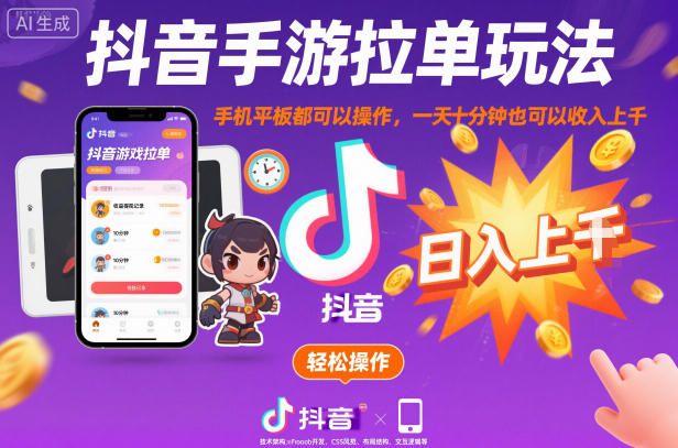 抖音手游拉单玩法,手机平板都可以操作,一天十分钟也可以收入上K【揭秘】-八百库