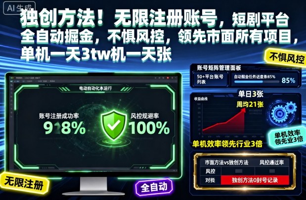 独创方法！无限注册账号，短剧平台全自动掘金，不惧风控，领先市面所有项目，单机一天3张【揭秘】-八百库