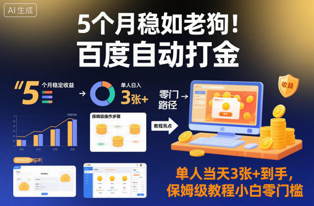 5个月稳如老狗！百度自动打金，单人当天3张+到手，保姆级教程小白零门槛【揭秘】-八百库