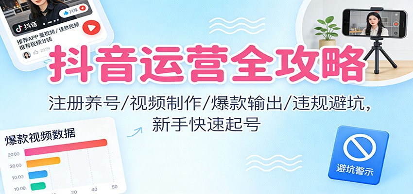 抖音运营全攻略：注册养号/视频制作/爆款输出/违规避坑，新手快速起号-八百库
