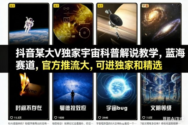 抖音某大V独家宇宙科普解说教学，蓝海赛道，官方推流大，可进独家和精选-八百库