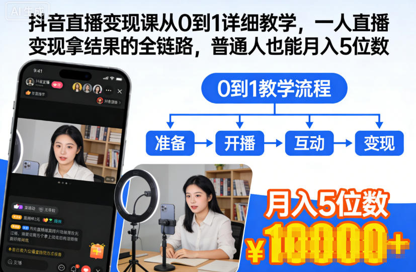 抖音直播变现课从0到1详细教学，一人直播变现拿结果的全链路，普通人也能月入5位数-八百库