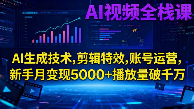 AI视频全栈课:AI生成技术,剪辑特效,账号运营,新手月变现5000+播放量破千万-八百库