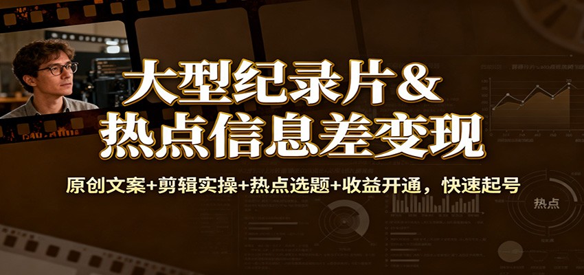 大型纪录片&热点信息差变现：原创文案+剪辑实操+热点选题+收益开通，快速起号-八百库