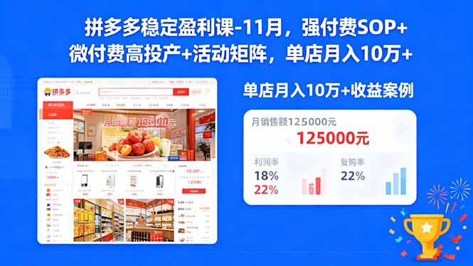 拼多多稳定盈利课-11月,强付费SOP+微付费高投产+活动矩阵,单店月入10w+-八百库
