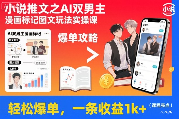 小说推文之AI双男主漫画标记图文玩法实操课,轻松爆单,一条收益1k+-八百库