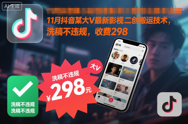 11月抖音某大V最新影视二创搬运技术，洗稿不违规，收费298-八百库