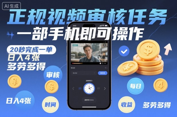 正规视频审核任务，一部手机即可操作，20秒完成一单，日入4张，多劳多得【揭秘】-八百库