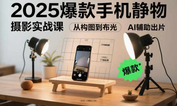 2025爆款手机静物摄影实战课，从构图到布光，不用贵设备，AI辅助出片-八百库