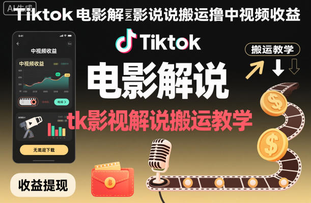 Tiktok电影解说搬运撸中视频收益，tk影视解说搬运教学-八百库