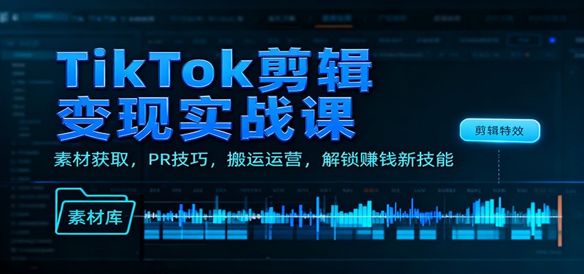 TikTok剪辑变现实战课：素材获取，PR技巧，搬运运营，解锁赚钱新技能-八百库