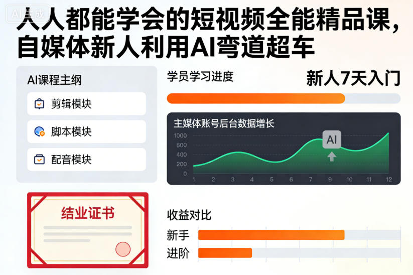 人人都能学会的短视频全能精品课，自媒体新人利用AI弯道超车-八百库